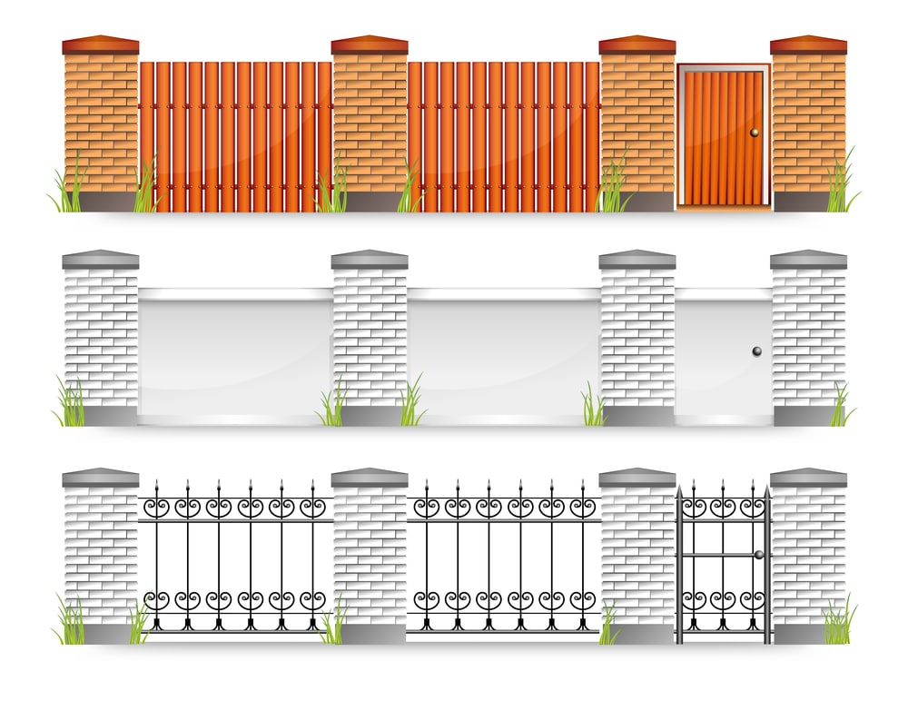 Set of modern fences with gate and grass, vector illustration